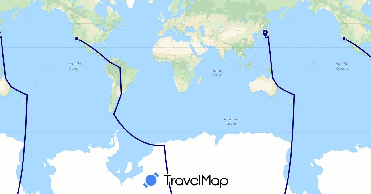 TravelMap itinerary: driving in Argentina, Australia, Brazil, Colombia, Japan, New Zealand, United States, Uruguay (Asia, North America, Oceania, South America)